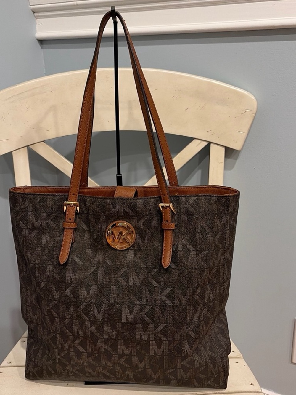 Michael Kors MK Brown Logo Canvas Tote with Tan Leather Trim